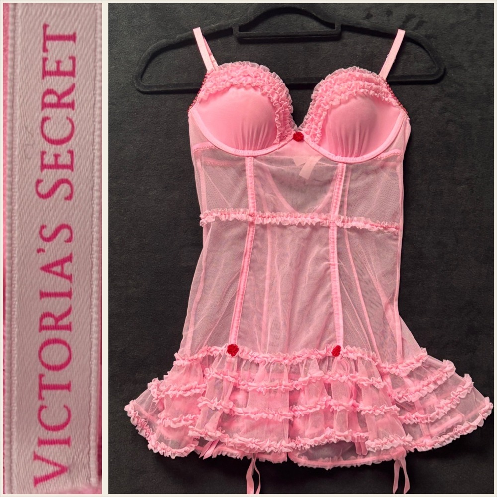 Y2K Victorias Secret Ruffled Mesh Corset Babydoll Lingerie Garter Straps 34C